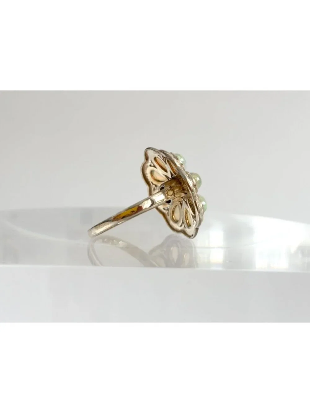 Teardrop Yellow Opal Scalloped Floral Sterling Silver 925 Vintage Ring - sz 8
